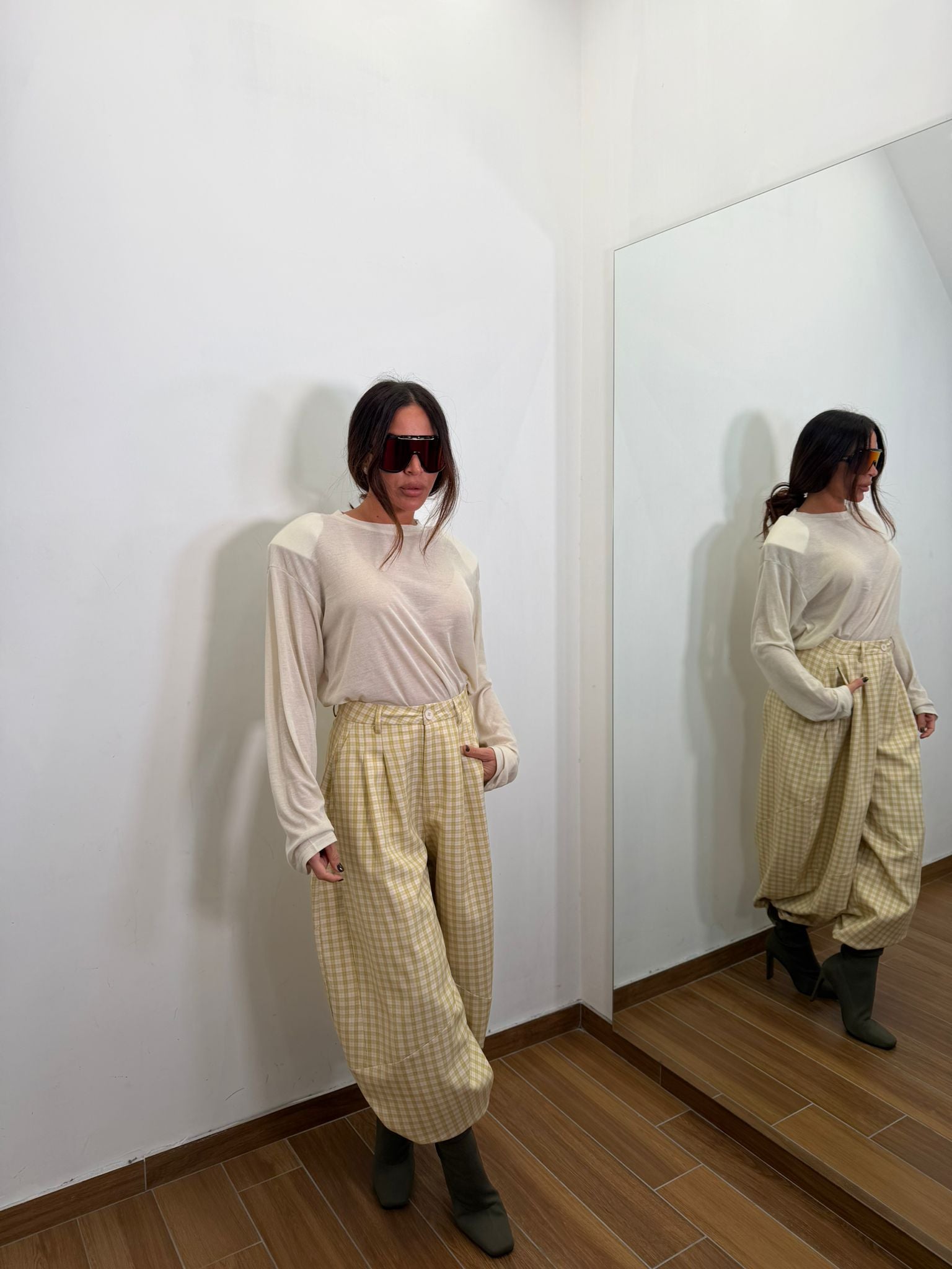 Pantalone a quadretti beige